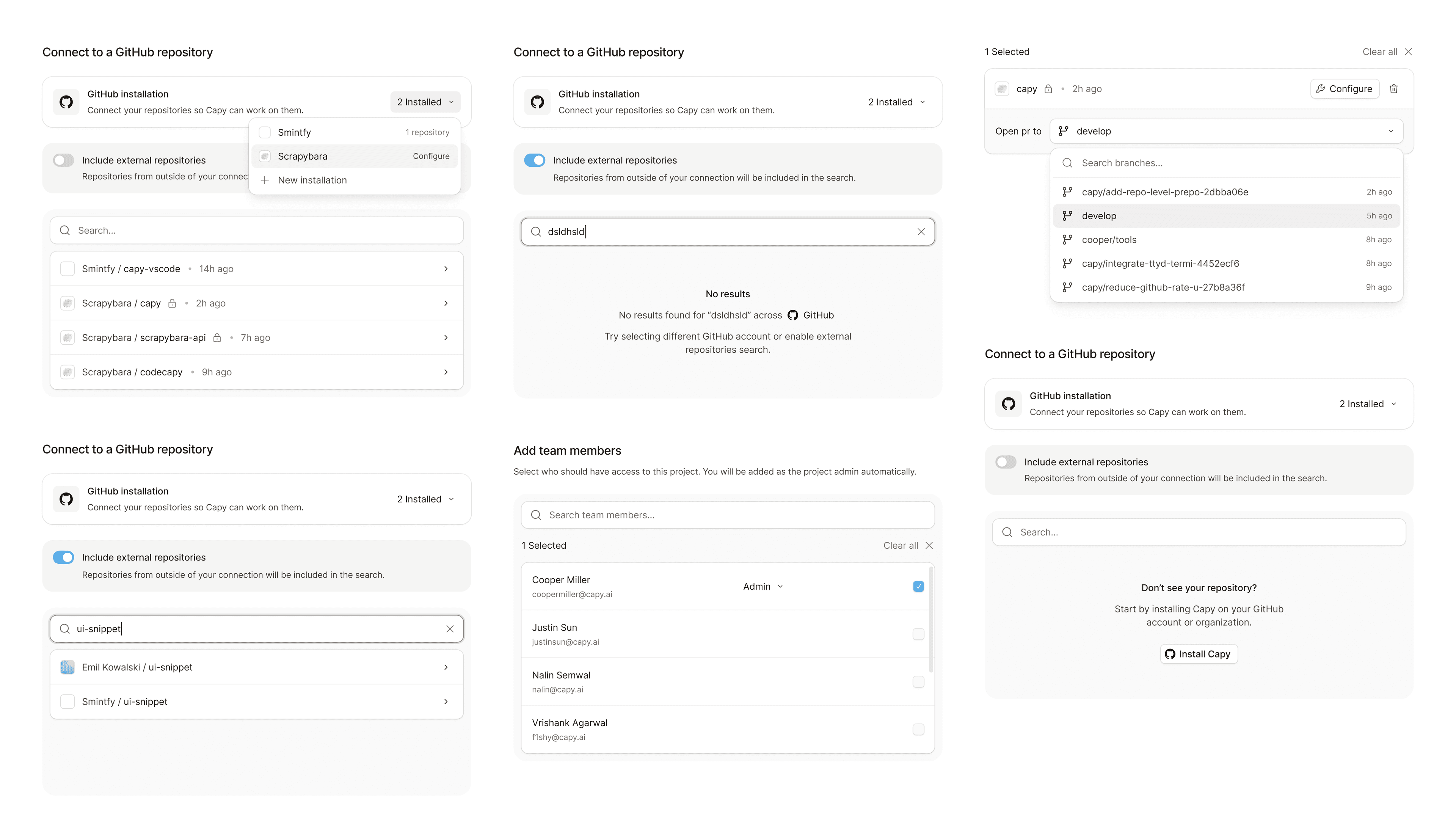 Capy — GitHub repository connection flows