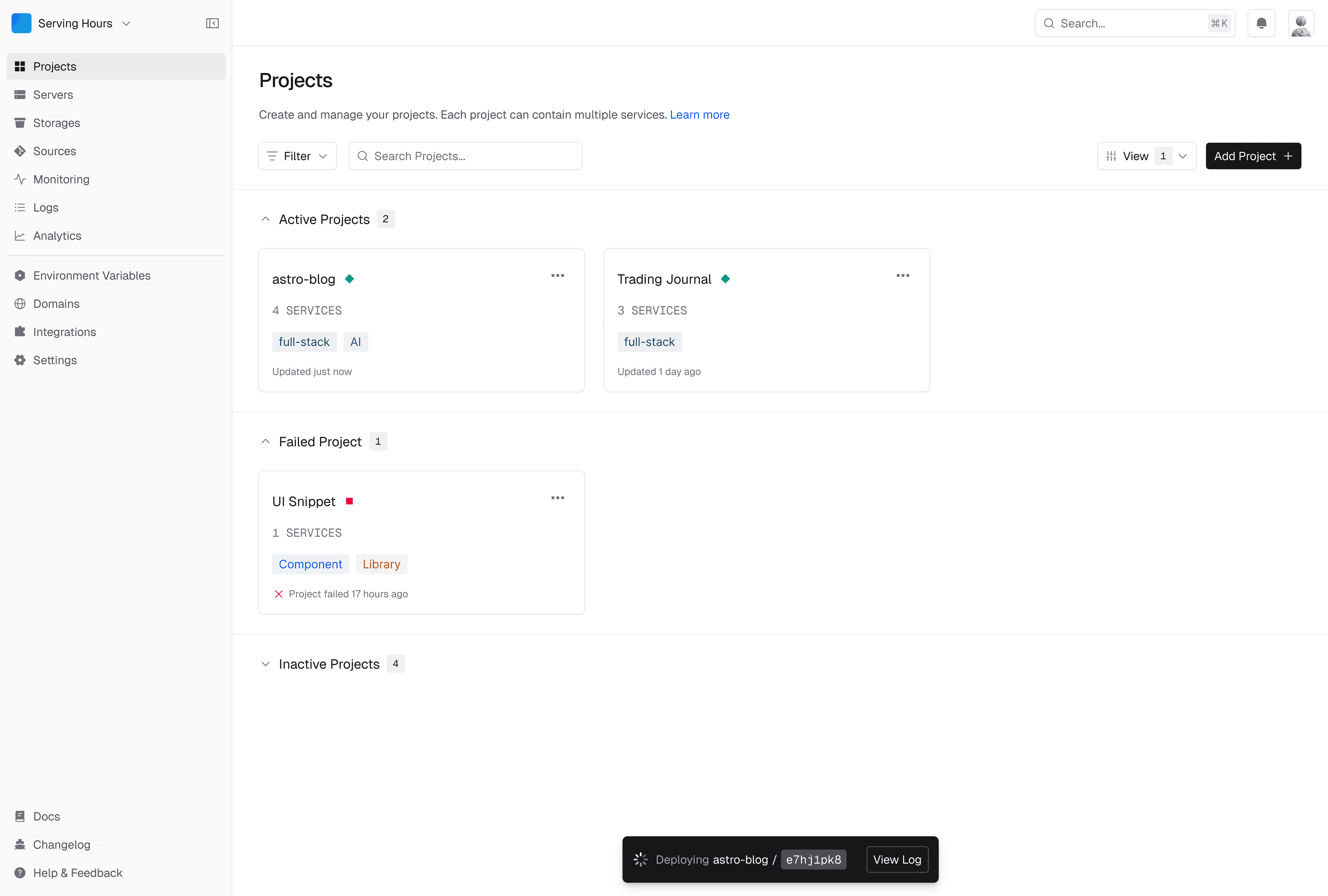 Coolify — projects dashboard